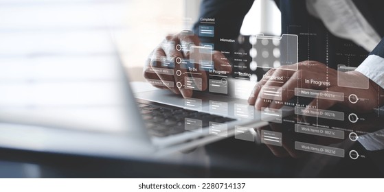 Business developer using Kanban board framework on laptop computer. Agile software development lean project management tool for fast changes, project management concept