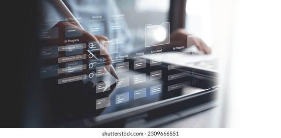 Business developer using Kanban board framework on digital tablet and laptop. Agile software development lean project management tool for fast changes, project management concept