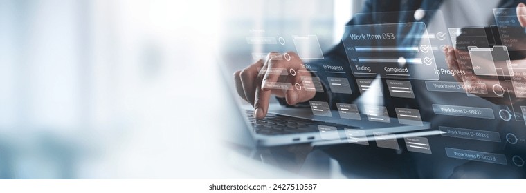 Business developer using Kanban board framework on laptop computer. Agile software development lean project management tool for fast changes, project management concept