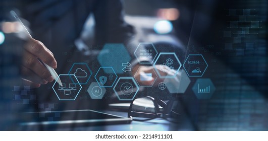 Business developer working with sales analytics and Data Management System DMS on computer with performance connected to database. Corporate strategy, software development, digital technology