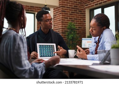 Business Development Company Project Manager Pointing Financial Analysis On Tablet. Research Agency Team Staff Briefed By Superior About Marketing Strategy Expenses And Possible Bankruptcy.