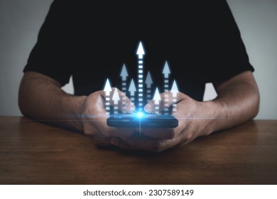 Business development. people using mobile phone with virtual graph chart diagram, finance, trend analysis, digital marketing, company strategy, business development, investment plan strategy concept