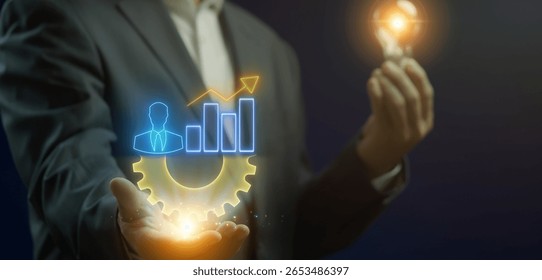 Business development, process of planning for future growth by identifying new opportunities, forming partnerships, and adding value to a company. Development icon on virtual screen.