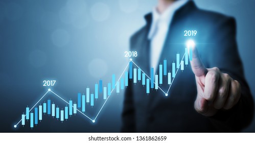 Business Development To Success And Growing Growth Year 2019 Concept, Businessman Pointing Line Dot Graph Corporate Future Growth Plan