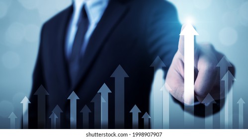 Business development to success and growing growth concept. Businessman pointing arrow graph corporate future growth plan
