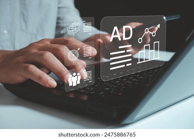 Business digital marketing commerce online sale concept. People use laptop to advertise on website. Planning, advertising marketing strategies to target social media native, ad, advertisers, sales.