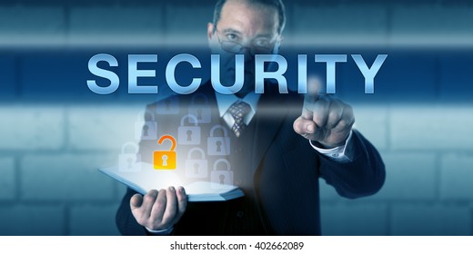 Business Director Is Pointing Out SECURITY On A Touch Screen Interface. Business Challenge Metaphor And Information Technology Concept For Physical Security, Cybersecurity Or Communications Security.