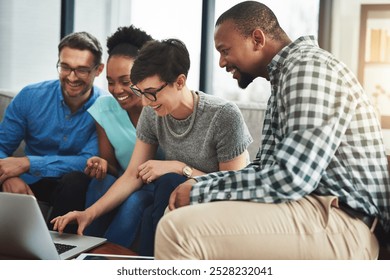 Business, discussion and people with laptop in office for project information, review or IT research. Team, diversity and developer with tech for software development, support or open source planning