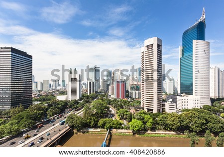 The business district of Jakarta along Jalan Sudirman, one of the city main avenue, is line with many banks HQ and other office towers. Jakarta is Indonesia capital city.