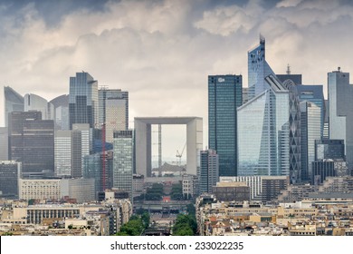 Business District Of Paris. La Defense, Aerial View On A Cloudy Day.