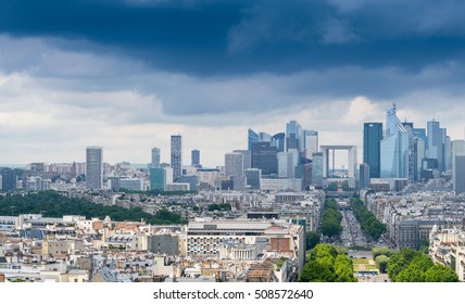 Business District Of Paris. La Defense, Aerial View On A Cloudy Day.