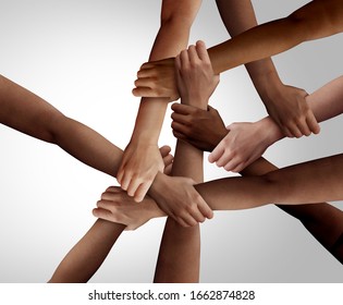 Business Diversity And Teamwork As A Group Of Diverse People Holding Arms As A Multiracial Society And Corporate Multicultural Community Joined And United Team Building As A Togetherness Concept.