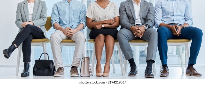 Business Diversity, Work And Corporate Workers Waiting For A Office Interview And Meeting. Staff, Employees And Professional Workforce Sitting Together To Meet With The Job Hiring Company Team