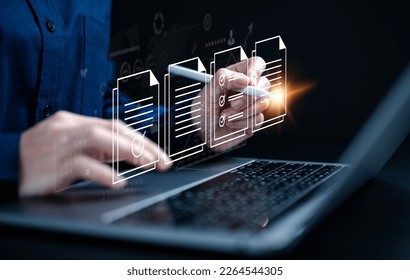Business document icon. Business webinar document. Icon on laptop virtual screen hologram technology theme, business mail, official paper, attachment. business, laptop.