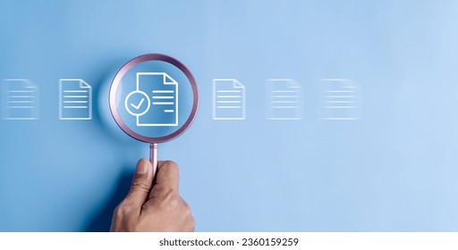 business, document, management, file, corporate, information, laptop, folder, professional, paper. close up to hand, hold magnifier to search file to management. document is important too business.