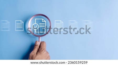 business, document, management, file, corporate, information, laptop, folder, professional, paper. close up to hand, hold magnifier to search file to management. document is important too business.