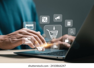 Business ecommerce concept. businessman use laptop with online shopping icons for Internet shopping, online purchase, ecommerce store, online business, shopping on the internet.