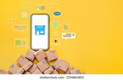 Business Ecommerce Or Online Shopping Concepts With Smartphone And Digital Icon And Product Box Order 