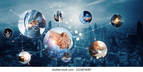 Business and economic growth on global business network, Data analysis of financial and banking, Customer service, Technology and data connection, Teamwork, Business strategy and Digital marketing.  - Shutterstock ID 2122874087