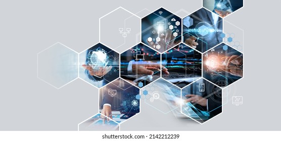 Business and economic growth on global business network, Data analysis of financial and banking, Customer service, Technology and data connection, Teamwork, Business strategy and Digital marketing.  - Shutterstock ID 2142212239