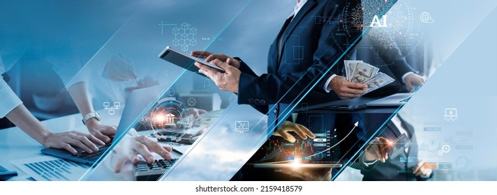 Business and economic growth on global business network, Data analysis of financial and banking, Stock, AI, Technology and data connection, Security, Blockchain and Networking, Business strategy.  - Shutterstock ID 2159418579