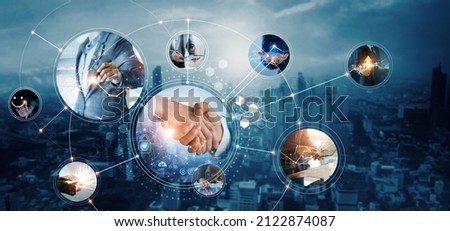 Business and economic growth on global business network, Data analysis of financial and banking, Customer service, Technology and data connection, Teamwork, Business strategy and Digital marketing. 