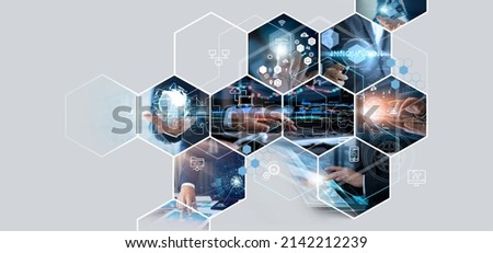 Business and economic growth on global business network, Data analysis of financial and banking, Customer service, Technology and data connection, Teamwork, Business strategy and Digital marketing. 