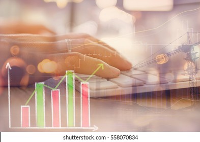 Business Economic And Technology Working Concept. Woman Hand Using Keyboard Double Expose With Graph Money Stock Trading And Blur People Bokeh Light Background. Vintage Tone Filter Effect Color Style