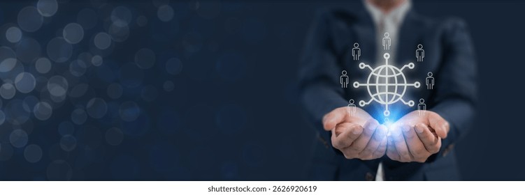 Business ecosystem strategy concept. Holding a glowing digital globe interconnected icons representing partners, a strategic business ecosystem, global collaboration, connectivity and innovation.