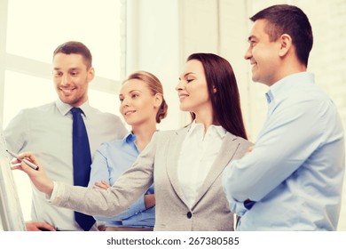 Geschäfts-, Bildungs- und Bürokonzept - lächelndes Geschäftsteam mit Flip-Board im Büro diskutiert über etwas