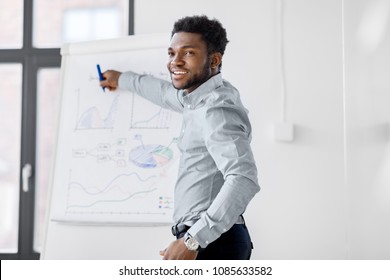 business, education and people concept - african american businessman with flip chart at office presentation