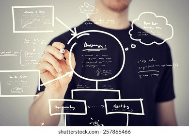 Business, Education And Technology - Man Drawing Plan On The Virtual Screen
