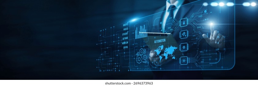 Business efficiency workflow touching interface and automation process innovation digital transformation robotics system control performance improvement productivity advancement.
