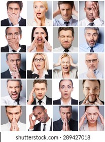 Business Emotions. Collage Of Diverse Multi-ethnic Business People Expressing Different Emotions 