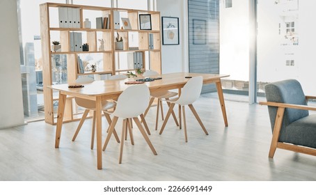 Business, empty meeting room and office, creative space for idea planning with bright interior furniture. Boardroom, design startup and city workplace for teamwork in sunny urban building with nobody - Shutterstock ID 2266691449