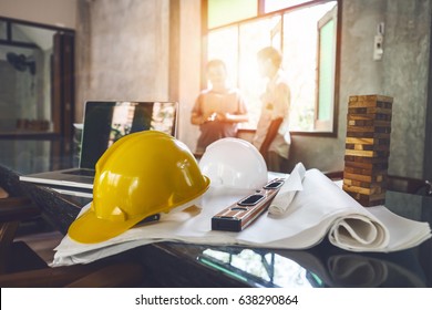 Business Engineer Contractor Who Contracts To Supplies Consulting About Working Their Job At Construction Site Office Headquarters.