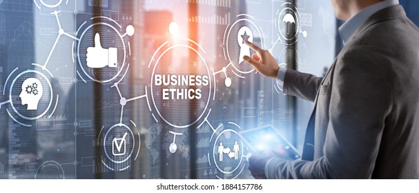 Business ethics Behavior and manners concept. Businessman pressing button on virtual screen. - Shutterstock ID 1884157786