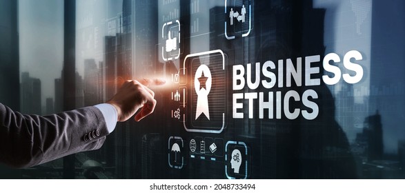 Business ethics Behavior and manners concept. Businessman pressing button on virtual screen. - Shutterstock ID 2048733494