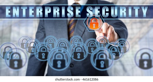 Business Executive Is Pressing ENTERPRISE SECURITY On An Interactive Control Screen. Business Security Practice Metaphor. Concept Involving Computer Security And Enterprise Architecture.