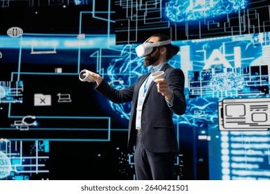 Business IT expert employs vr glasses and artificial intelligence brain, working on data visualization cybernetics within a futuristic interface for machine learning. High tech gadget for innovation.