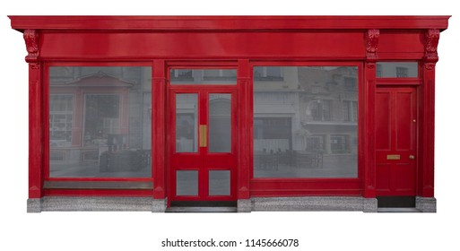 Business facade with red entrance and two wooden shop windows cut out on white background