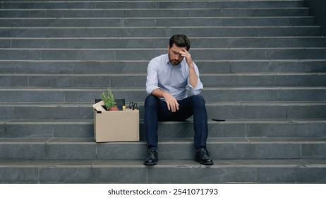 Business failure dismissed office leave sitting stairs Caucasian sad stressed businessman employer middle-aged man fired male guy in city working lost job dismissal box crisis unemployment problem - Powered by Shutterstock