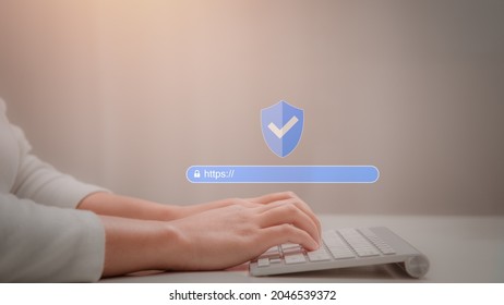 Business Female Working On Wireless Keyboard, Icon Security, Shield, Confidentiality Of Users Data. Security In Search Engine,  Safe Browsing With Hypertext Transfer Protocol Secure: HTTPS Concept.