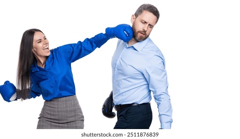 business fight with two businesspeople. businesspeople fight against each other. business fight. business partners fighting in boxing gloves isolated on white. anger management. copy space - Powered by Shutterstock