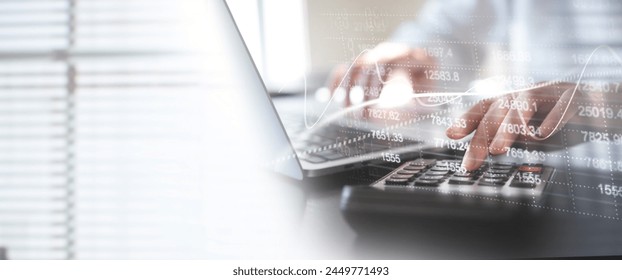 Business, finance and accounting concept. Businesswoman using calculator to calculate financial report, data analysis, graph growth chart, business planning, strategy and investment - Powered by Shutterstock