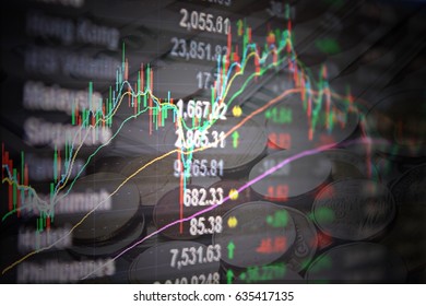 Business Or Finance Concept : Asia Pacific Stock Market Data And Candle Stick Graph Chart On Monitor On Coins Background