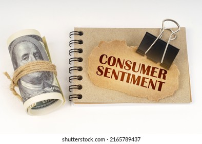 Business And Finance Concept. On A White Surface Are Twisted Dollars, A Notebook And A Cardboard Sign With The Inscription - Consumer Sentiment