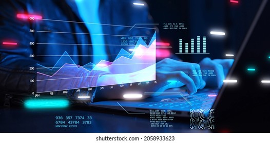 Business finance data analytics graph chart report  man using laptop computer hand typing investment data digital marketing KPI sale report  financial management technology  cyber space metaverse 