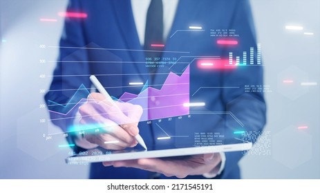 Business Finance Data Analytics Graph Chart Report, Man Using Mobile Tablet Searching Investment Data Digital GDP Marketing KPI Sale Report, Financial Management Technology, Virtual Screen Metaverse.