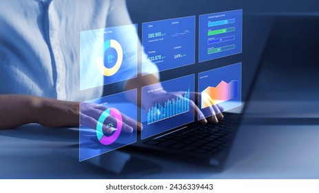 Business finance data analytics graph. Advisor using KPI Dashboard on virtual screen.Financial management technology.	
